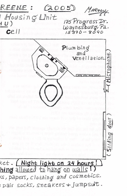REENE : lC;’l 005) /Vm?méé . ’ Housin 4U) s il 175 Pro resrj’;r. Wwaynesburg: Ya.. CEH 15%7%—— S‘gqp Plumbind and ventilation, <et . [ Night light on 24 hours !\ hing allou:ed 5 hang en walls 1) s, papers, Clothing and CoSMe&ics: pair cocks, sneakerS+ jumpsuit . fcrophone) £ (Sliding deor )